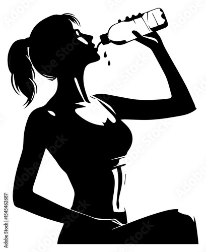Black and white silhouette of a sporty girl drinking water during a fitness class on a white isolated background. Vector graphics. EPS.