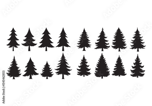 Collection of silhouetted evergreen fir trees for christmas winter holiday design elements