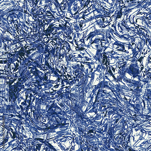 Dye wash indigo blue textur fabric effect background, Seamless glitch patched pattern in masculine Japanese block print style. 