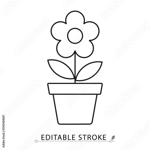 Potted flower icon in minimal line style with editable stroke. Decorative plant, home gardening symbol, indoor bloom for botanical visuals, cozy interior, natural growth and floral design themes.