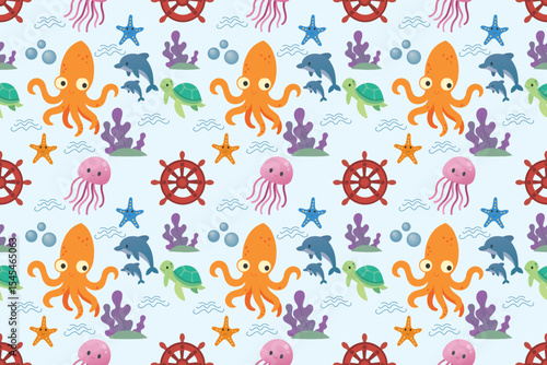 seamless ocean animal pattern with cute octopus jellyfish dolphin and turtle for kids fabric wallpaper nursery and book cover design

