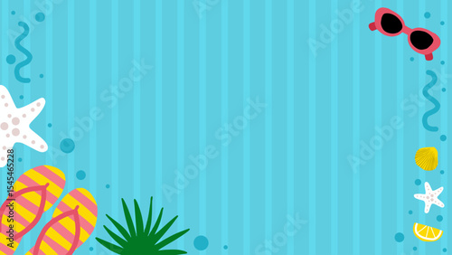 Bright and playful summer background with flip flops, palm leaves, lemon slices, seashells, and sunglasses on a striped blue backdrop. Ideal for banners, invitations, and vacation themes.