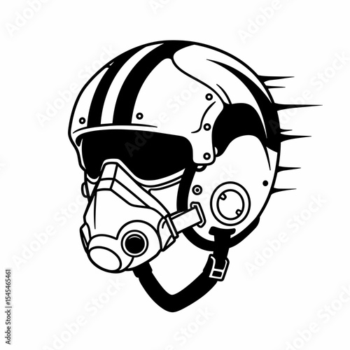 Pilot helmet illustration with mask and motion lines in black  