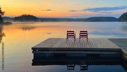 Fototapeta Naklejka Na Ścianę i Meble -  Two chairs sit on a wooden dock overlooking a calm lake at sunrise. Concept of: Quiet contemplation.
