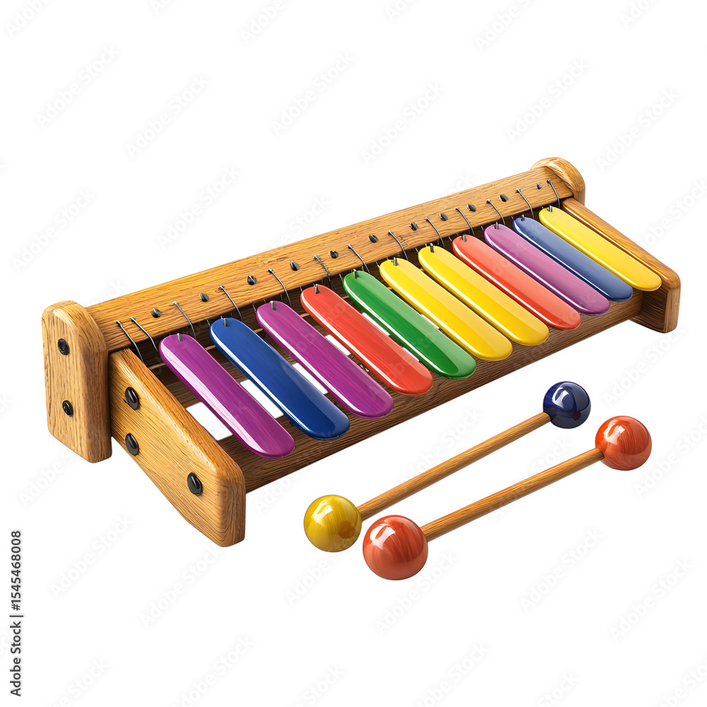 Fototapeta premium A wooden xylophone with mallets and colorful bars, isolated on transparent background