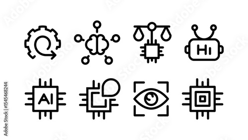 AI Line Icon Set – Neural Network, Machine Learning, Deep Learning, NLP, Computer Vision, AI Chip, Robotics, and Assistant. Editable stroke. Scalable outline.