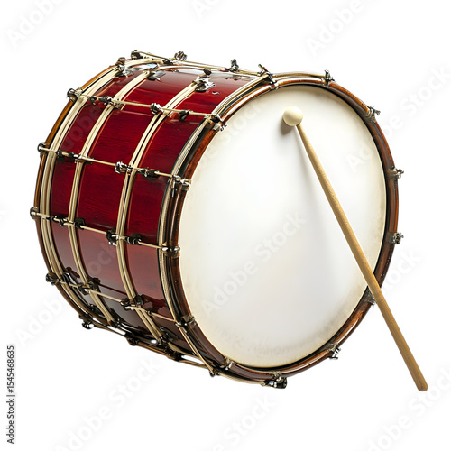 A large marching bass drum with harness and mallet, isolated on transparent background