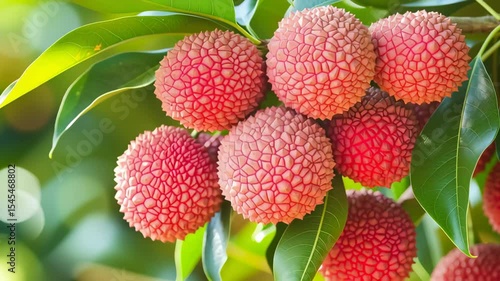 Ripe lychee fruits hanging on a tree branch in a lush green garden. Use for content about tropical fruits, exotic food, or healthy lifestyle