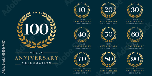 Set of vector icon or logo designs for 10th to 100th anniversary with laurel wreath, in gold color for celebrations, weddings and birthdays
