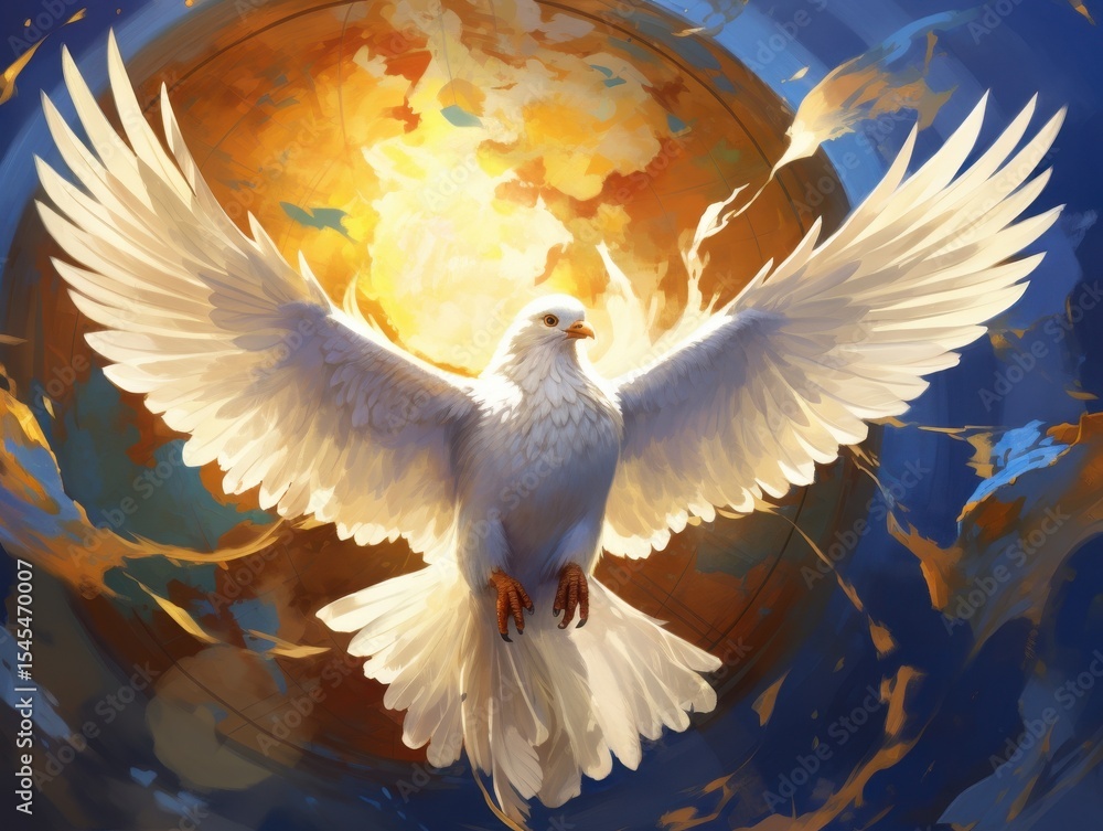 Obraz premium Winged white dove with flame background