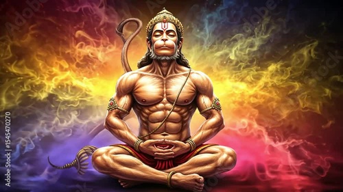 A muscular figure resembling Hanuman, adorned with traditional jewelry and a sacred thread, sits in a meditative pose with hands resting in his lap.