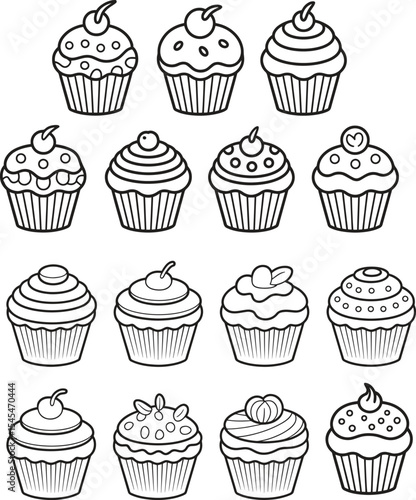 Fifteen Black and White Line Drawings of Cupcakes with Various Toppings and Decorations vector