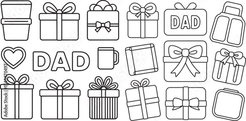 Flatlay of Fathers Day Gift Icons Black and White Line Art Presents Mug Heart Book Dad Text vector