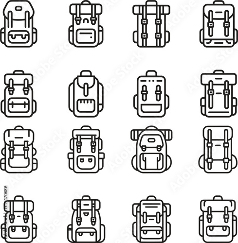 Sixteen Black Line Drawings of Backpacks Various Styles and Sizes Travel Hiking Gear Icons bags