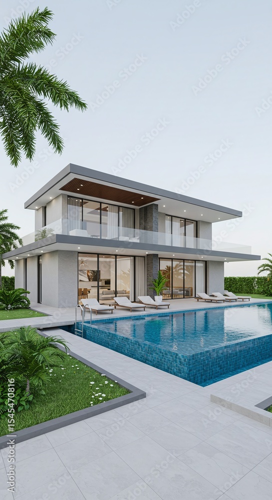 Fototapeta premium Luxury Modern Villa Design with Infinity Pool and Palm Trees