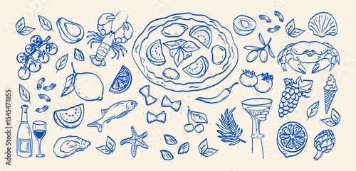 Italian food set hand drawn doodle sketch. Pasta, olive, pizza, tomato, lemon, crab, lobster, grapes, wine. Summer elements drawings for poster, placard print, menu, sticker.