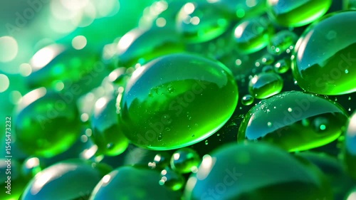 Wallpaper Mural Gel, water beads, condensation capture. Moisture innovation. Droplets form on smooth surfaces. Hydration levels increase ambient humidity. Green spheres glisten under light. Torontodigital.ca