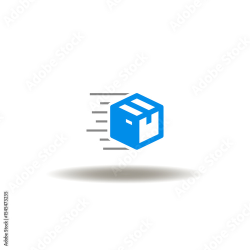 Vector illustration of fast moving or flying packaging box. Symbol of DAD Disciplined Agile Delivery. Icon of quickly delivery service.