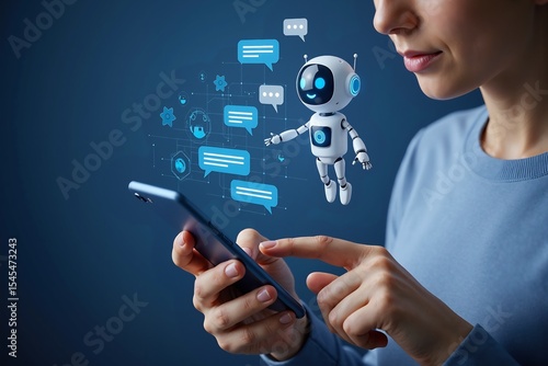 Woman Interacting with Robot Chatbot via Mobile Phone