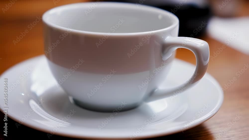 Rotating white coffee cup on saucer with blurred background in warm indoor lighting Rotating white coffee cup on saucer with blurred background in warm indoor lighting