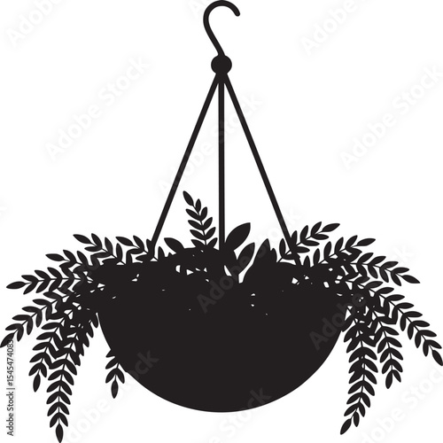 Silhouette of a hanging plant with leaves in a pot suspended by a hook and three supporting wires