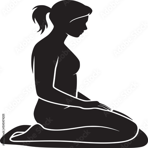 Silhouette of a woman kneeling with hands on her lap in a black and white illustration style