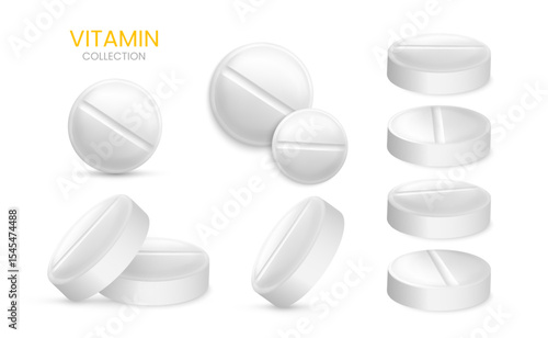 Set of realistic pills isolated on white background. Medical Pill, Capsule, Tablet, medicine drug Collection. 3D vector illustration