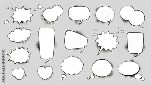 Retro comic speech bubble, cloud text message or sticker set with dotted shadow in pop art cartoon style. Chat box, idea or quote balloon