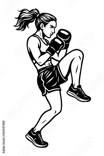 Black vector illustration of a female kickboxer in a dynamic guard stance with raised knee. Isolated cutout on transparent background, ideal for sports and martial arts SVG graphics.
