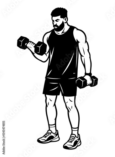 Black vector illustration of a strong man lifting dumbbells. Isolated cutout design with transparent background, perfect for fitness and gym-themed SVG files.

