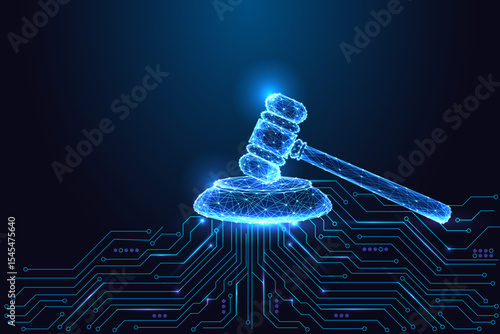 AI ethics and justice concept with judge gavel and digital circuit board, legal tech vector illustration