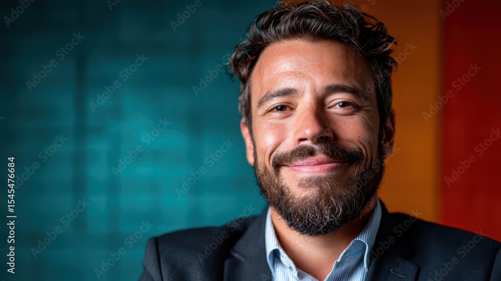 A friendly and confident man with a beard wearing a professional suit, smiling against a vibrant background, representing positivity, ambition, and a modern approach to professionalism. A friendly and confident man with a beard wearing a professional suit, smiling against a vibrant background, representing positivity, ambition, and a modern approach to professionalism.