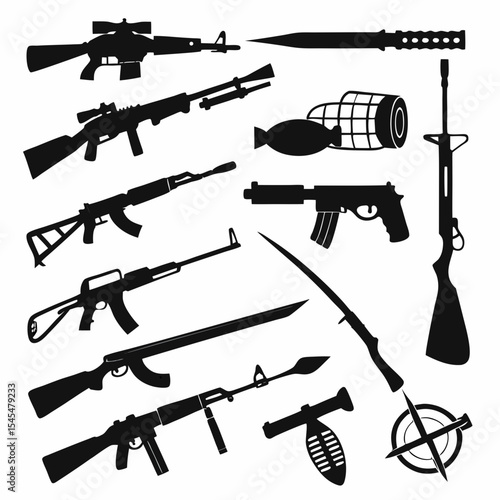 Weapons Silhouette Vector Sheet Isolated on White Background