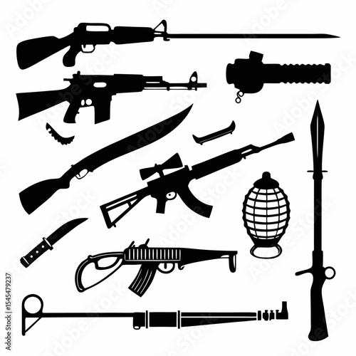Weapons Silhouette Vector Sheet Isolated on White Background