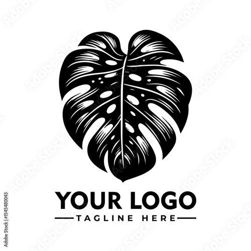 A striking black and white illustration of a monstera deliciosa leaf, forming a logo design with space for a tagline.