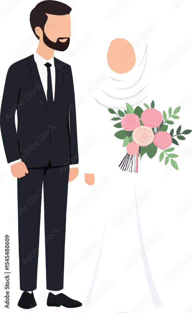 Minimalist Illustration of Muslim Wedding Couple with Floral Elements Minimalist Illustration of Muslim Wedding Couple with Floral Elements