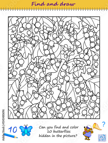 Can you find and color 10 butterflies hidden in the picture? Educational page for little children. Coloring book. Printable worksheet for kids. Logic puzzle. I spy game. Vector illustration.