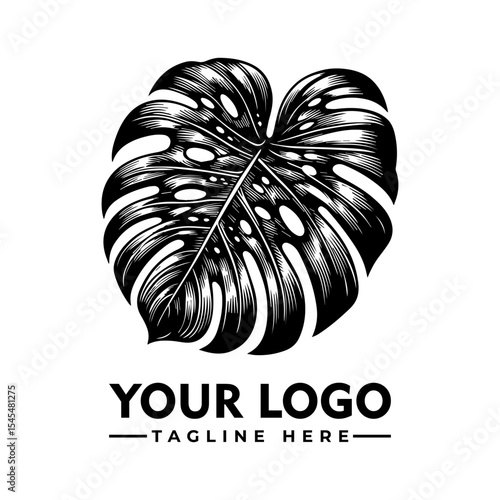 A stylized black and white illustration of a monstera deliciosa leaf, serving as a logo design with customizable text.
