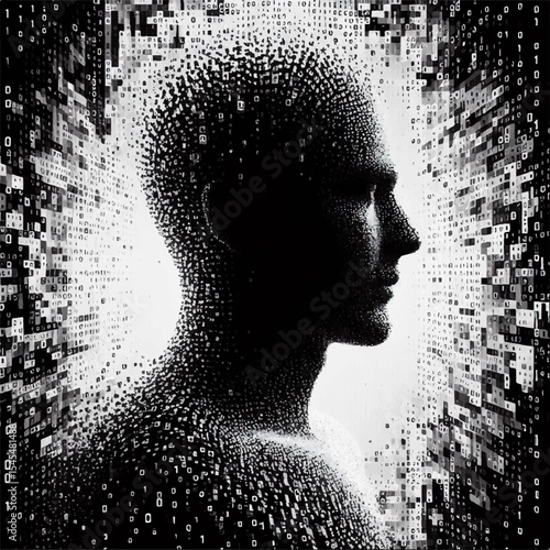 A black and white silhouette of an avatar of a person gathering from digital information flows in the form of a programming language in a virtual space. Vector graphics. EPS.