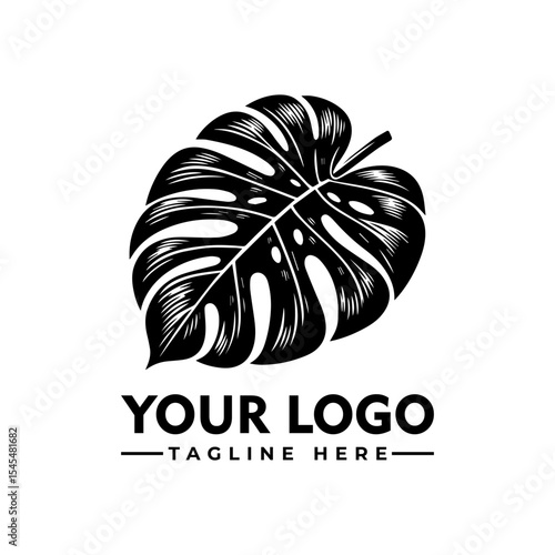 Black and white illustration of a Monstera leaf, suitable for a logo design.