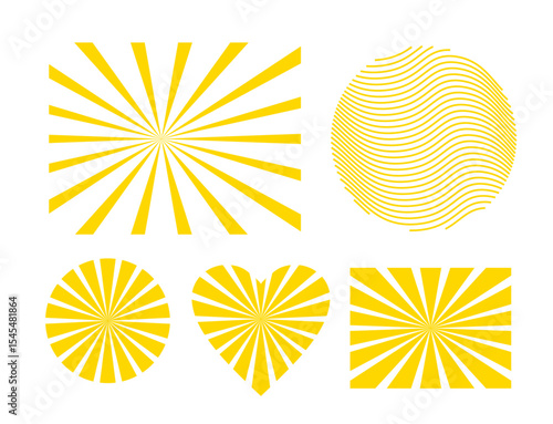 Retro vector sunburst frames 5 yellow geometric elements circle, heart, rectangle, wavy circle Flat vintage rays, thin variant and off-center option included Clean, editable shapes for labels, badges