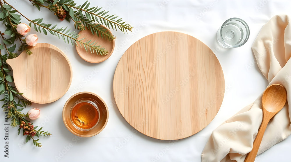 Top-down view of a wooden plate, bowl, and spoon arranged on a white table with floral elements Top-down view of a wooden plate, bowl, and spoon arranged on a white table with floral elements