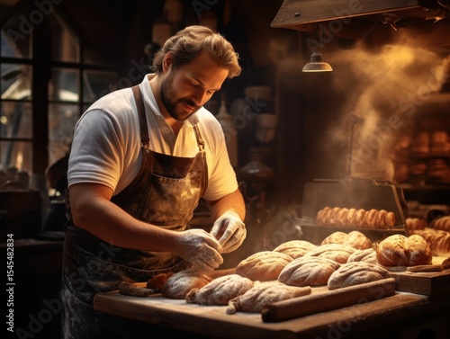 Man baking bread in bakery