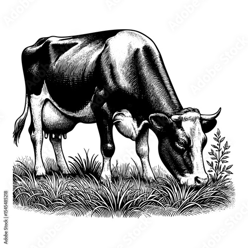 Cow grazing sketch engraving black and white outline. Scratch board imitation.  illustrated in vintage line art style on a white background.