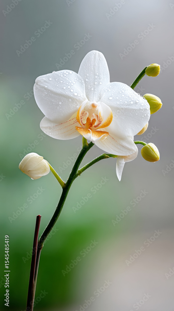 Obraz premium Exotic white orchid in morning light with dew drops for botanical design