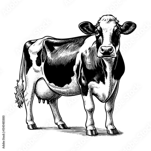 Dairy cow sketch engraving black and white outline. Scratch board imitation.  illustrated in vintage line art style on a white background.