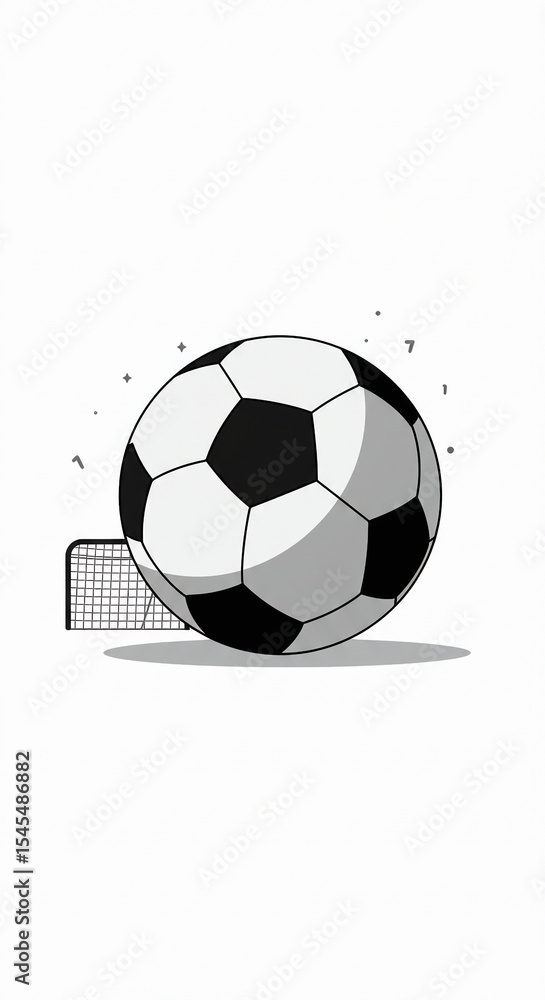Obraz premium Stylized soccer ball in flatminimalist design over a white background. Soft shadow and simplified details of classic black-and-white seams.
