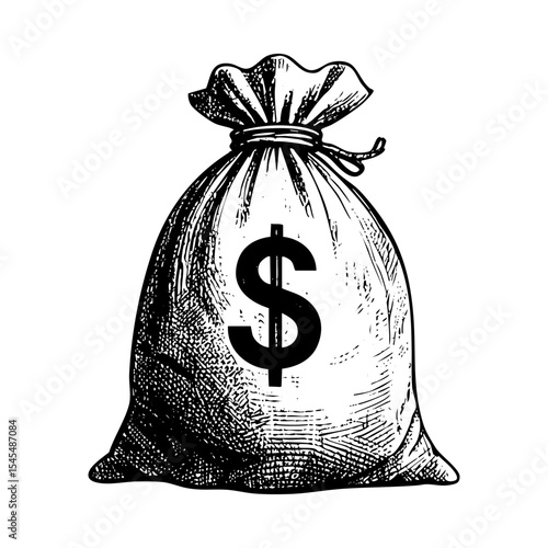 sack of money sketch engraving black and white outline. Scratch board imitation.