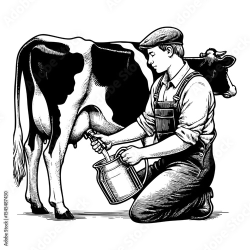 man milking cow sketch engraving black and white outline. Scratch board imitation.  illustrated in vintage line art style on a white background.