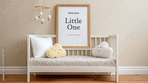 Welcome little one nursery scene with cozy clouds and wooden accents for baby room decor